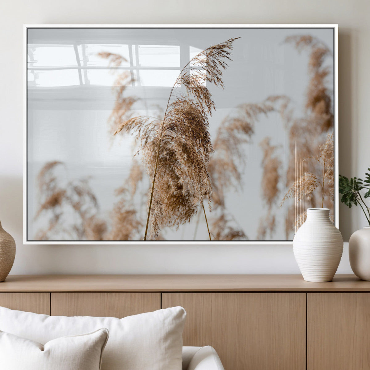 Pampas Grass Wall Art Canvas Print, Framed Neutral Tones Minimalist Boho