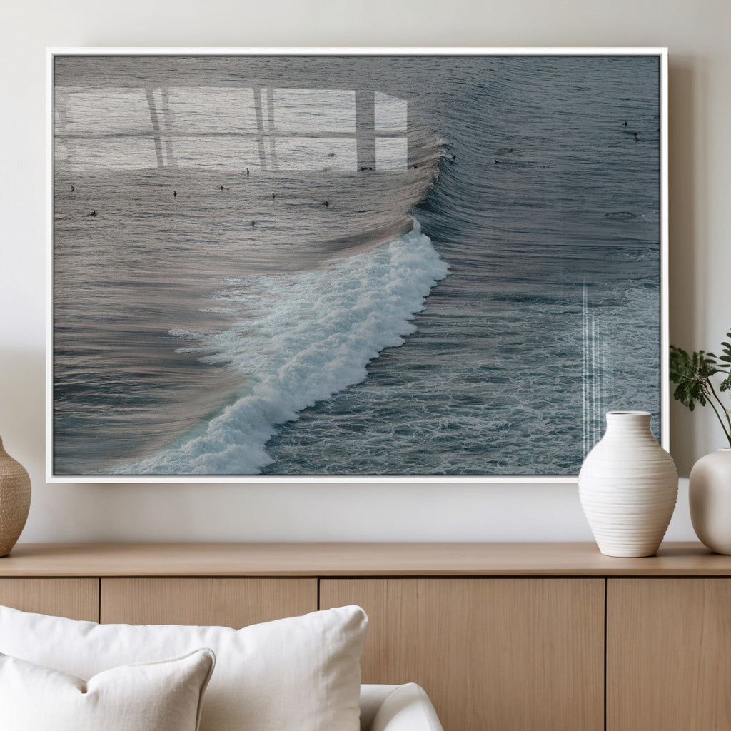 Ocean Waves Wall Art Canvas Print, Framed Coastal Serenity Surf Scene