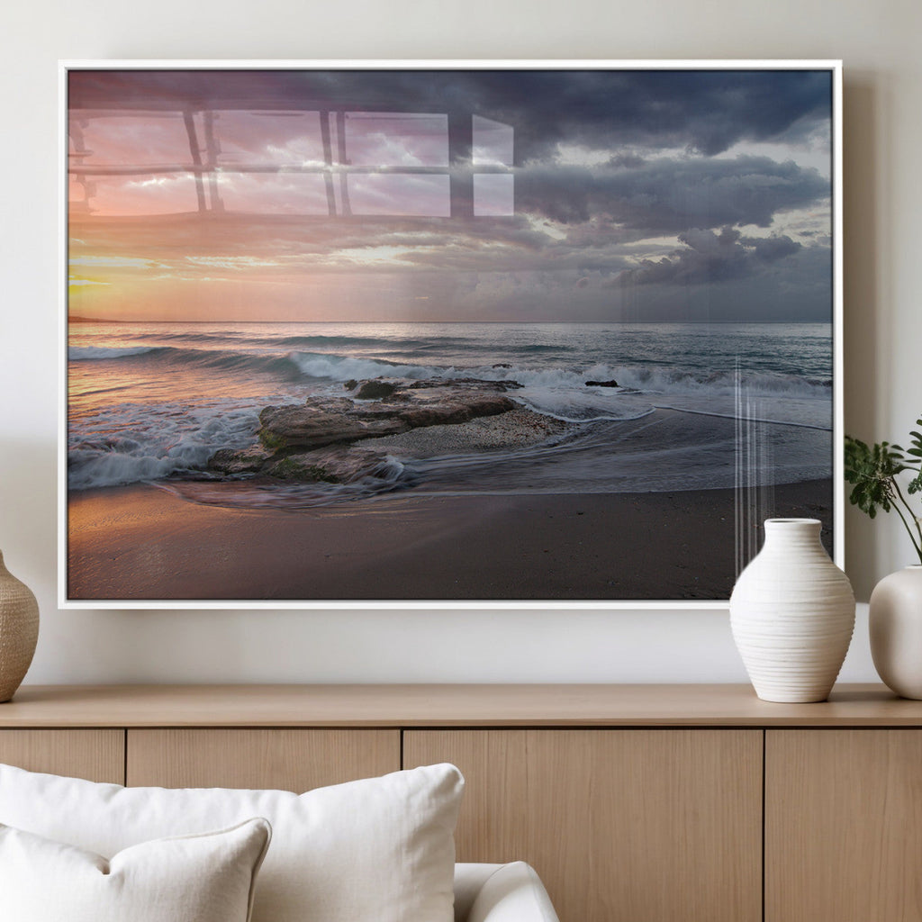 Golden Hour Wall Art Canvas Print, Framed Tranquil Waves Beach Sunset