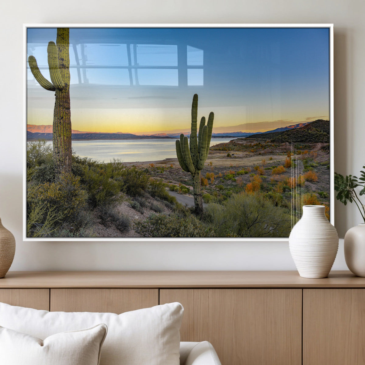 Saguaro Cactus Wall Art Canvas Print, Framed Desert Sunset Southwestern