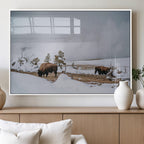 Bison Wildlife Wall Art Canvas Print, Framed Snowy Prairie Art, Western Landscape Decor