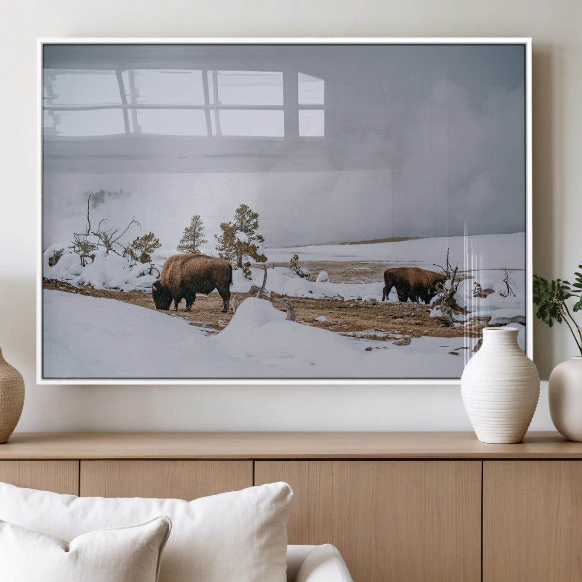 Bison Wildlife Wall Art Canvas Print, Framed Snowy Prairie Art, Western Landscape Decor