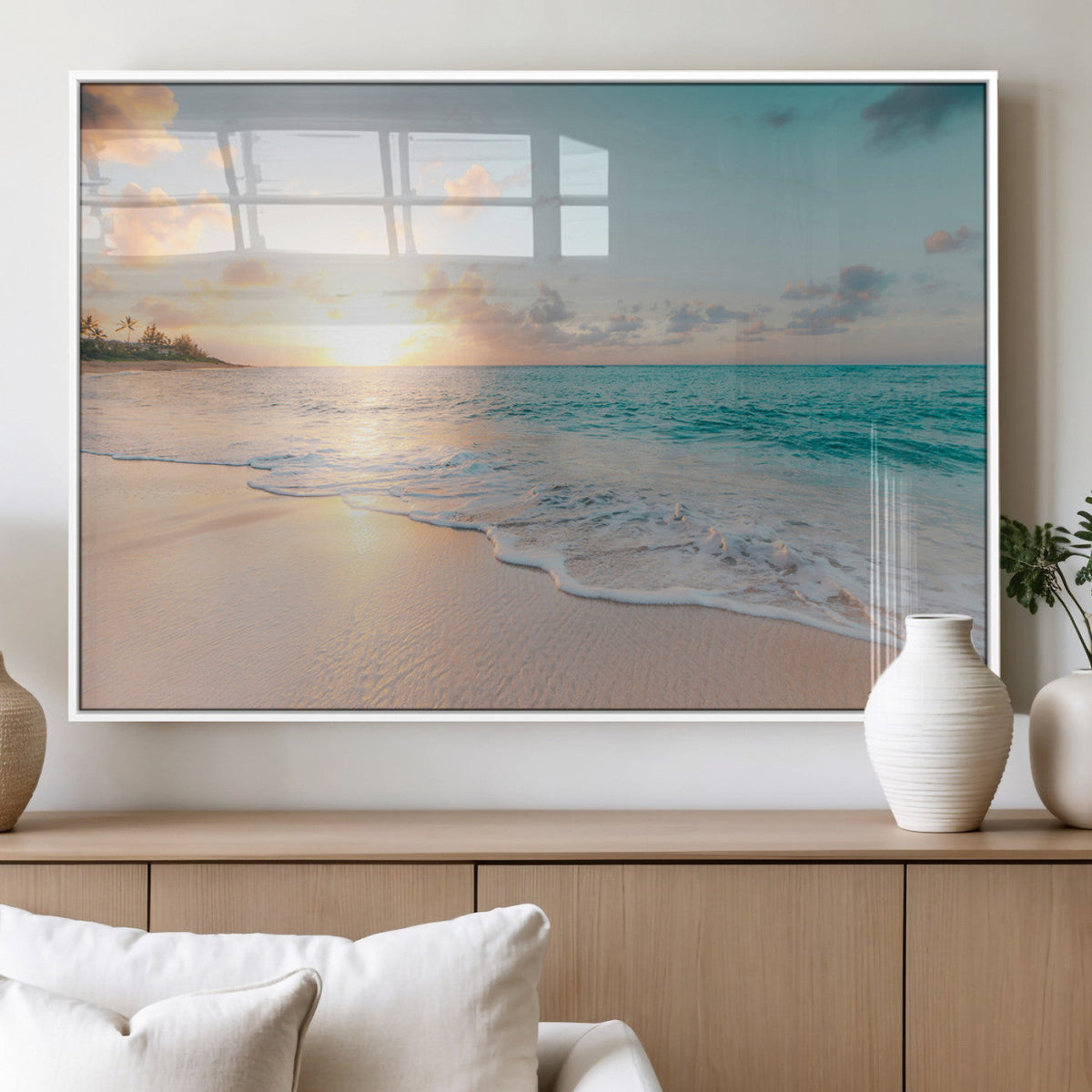 Beach Sunset Wall Art Canvas Print, Framed Ocean Waves Summer Escape