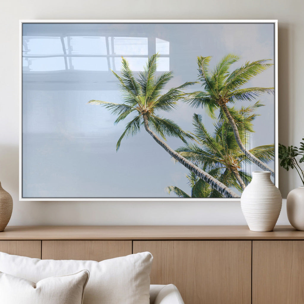 Palm Trees Wall Art Canvas Print, Framed Tropical Coastal Scene Under Blue Sky