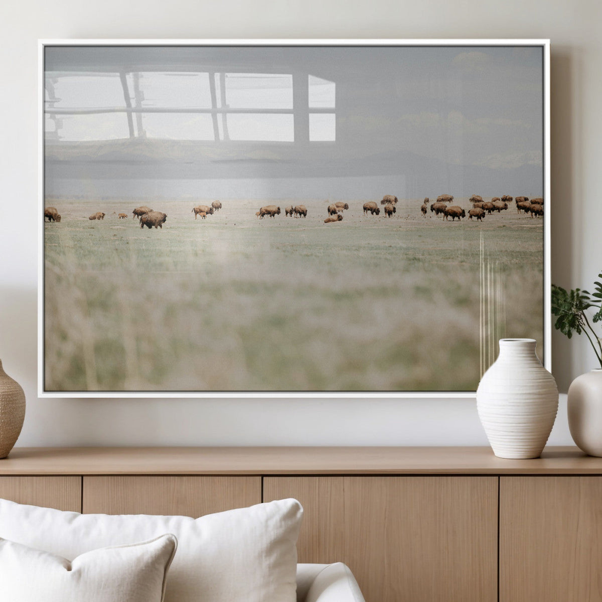 Bison Herd Wall Art Canvas Print, Framed Western Landscape with Bison in Grassland