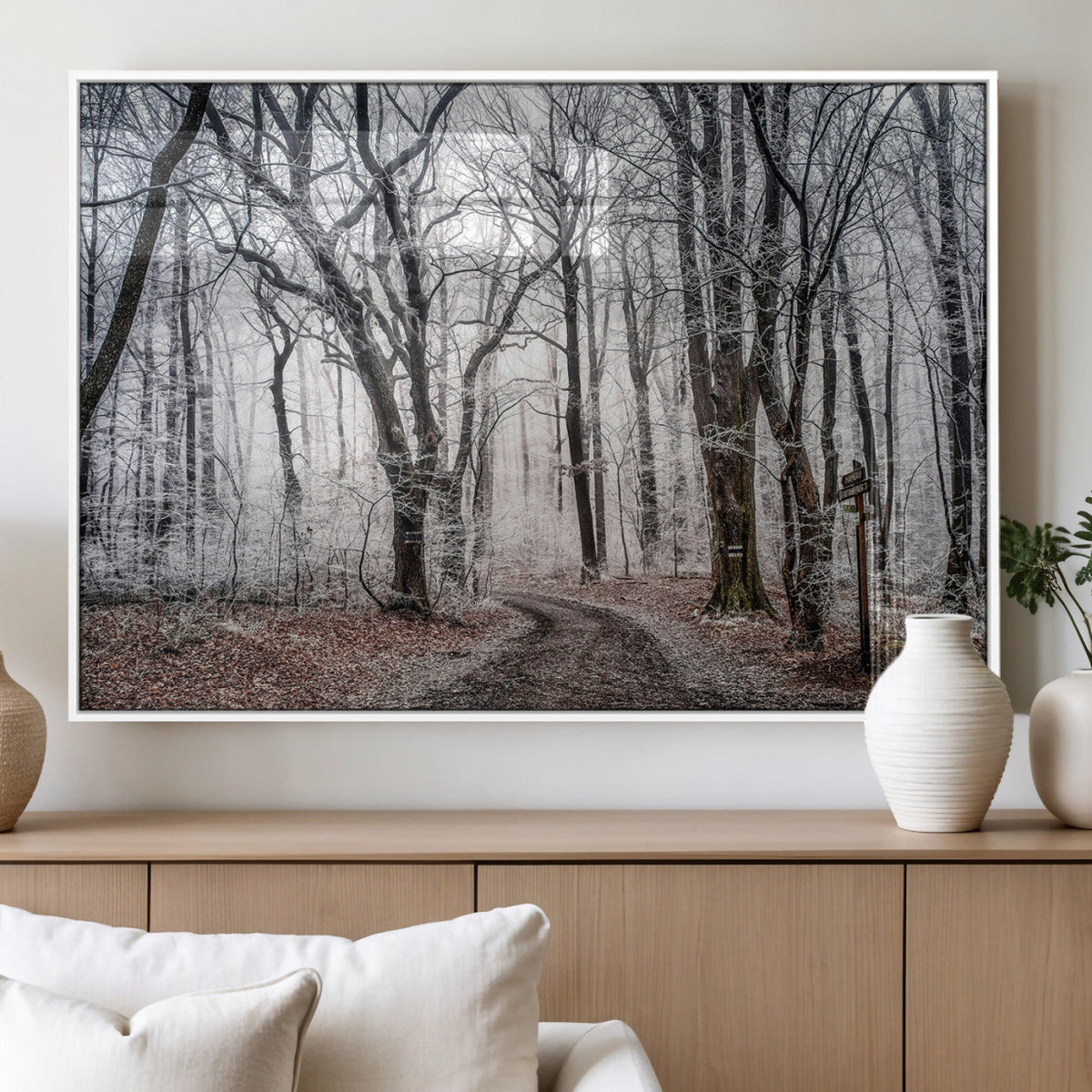 Winter Forest Wall Art Canvas Print, Framed Frosty Woodland with Misty Trees