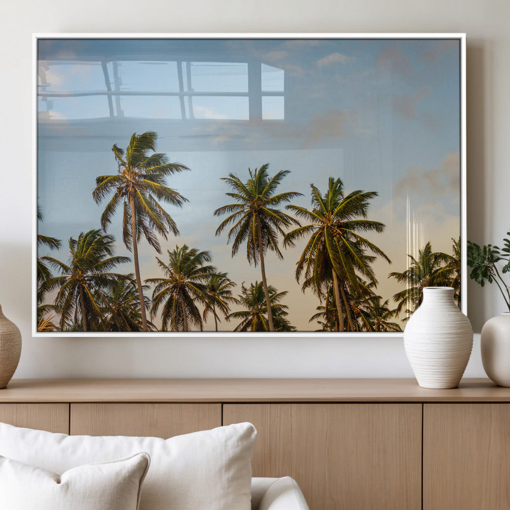 Palm Trees Wall Art Canvas Print, Framed Tropical Vibes Coastal Sunset
