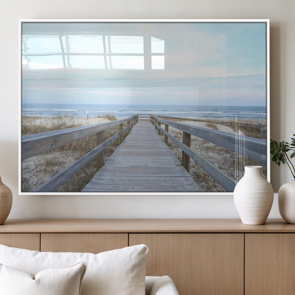 Beach Boardwalk Wall Art Canvas Print, Framed Coastal Serenity Ocean View