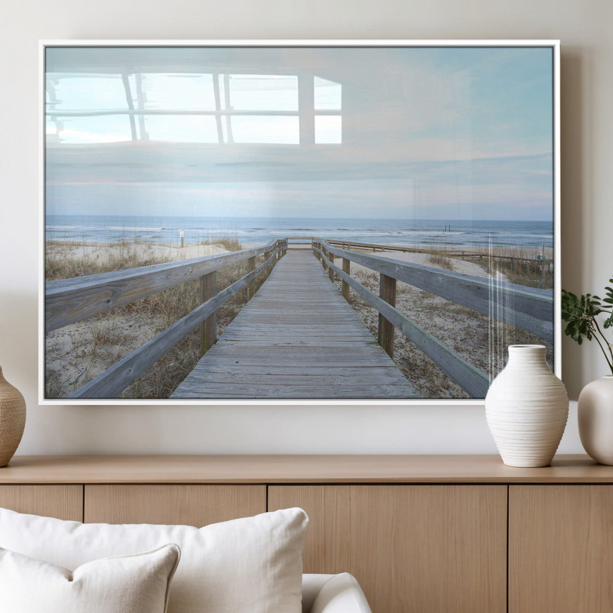 Beach Boardwalk Wall Art Canvas Print, Framed Coastal Serenity Ocean View