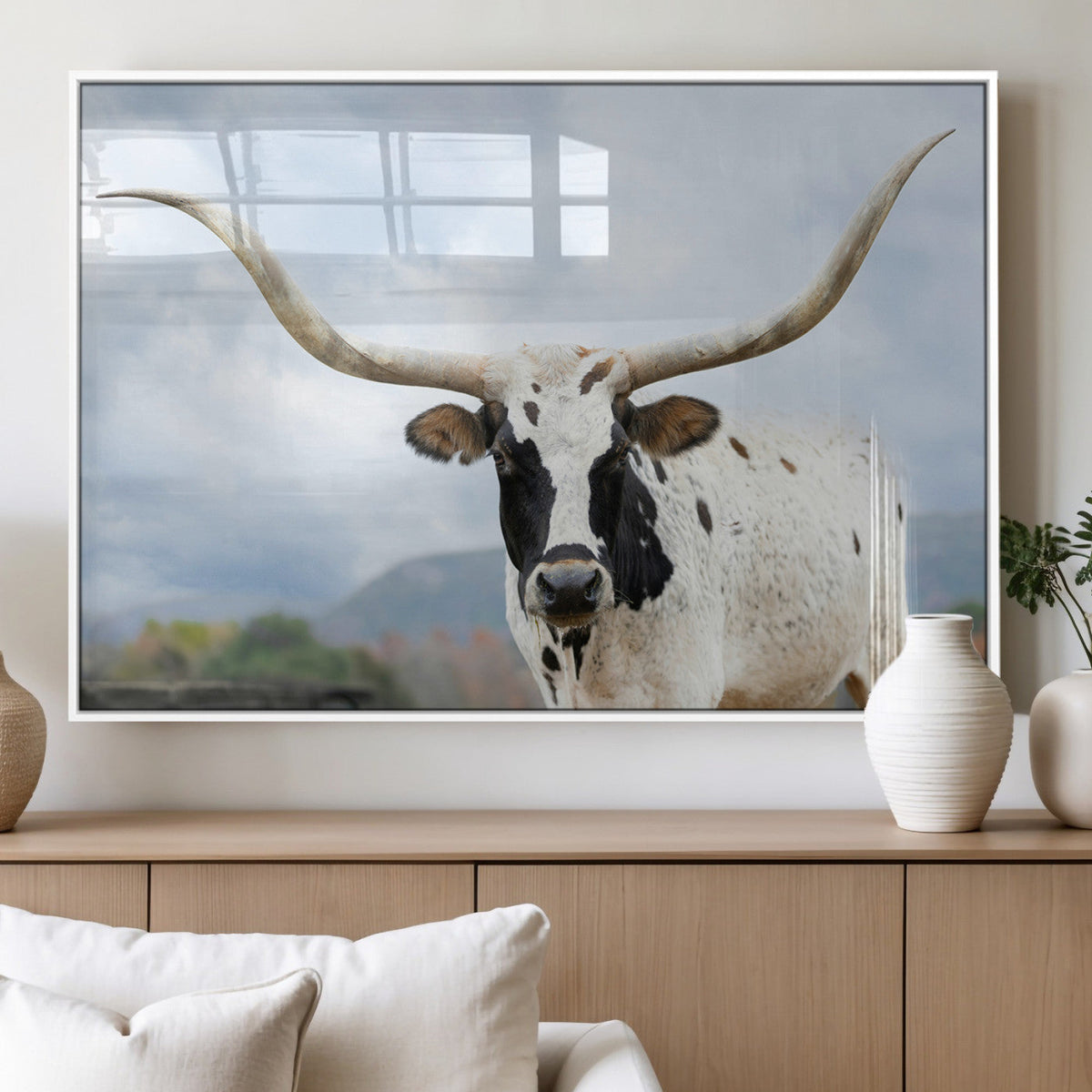 Texas Longhorn Wall Art Canvas Print, Framed Western Rustic Farmhouse