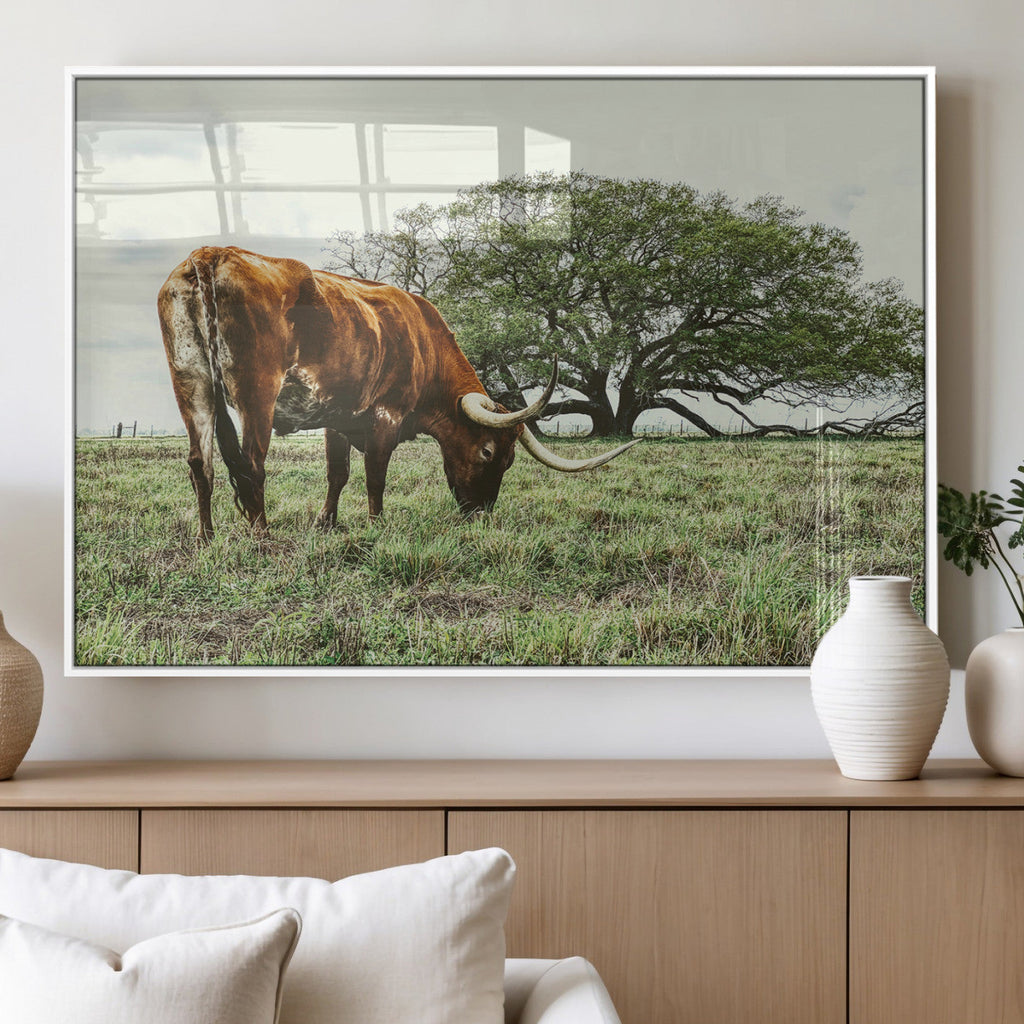 Texas Longhorn Wall Art Canvas Print, Framed Rustic Ranch Western Cattle