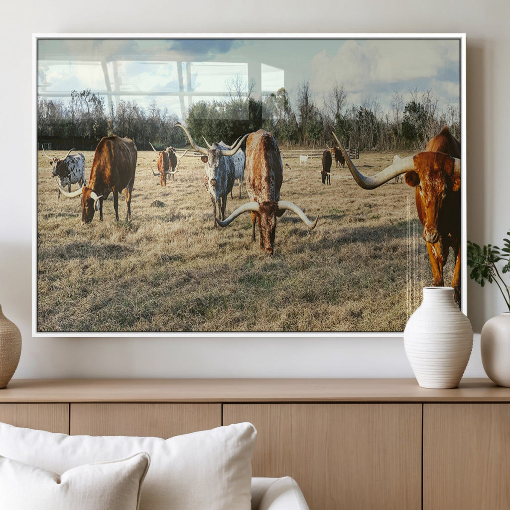 Texas Longhorns Wall Art Canvas Print, Framed Rustic Farm Scene Western Cattle