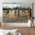 Texas Longhorns Wall Art Canvas Print, Framed Rustic Farm Scene Western Cattle