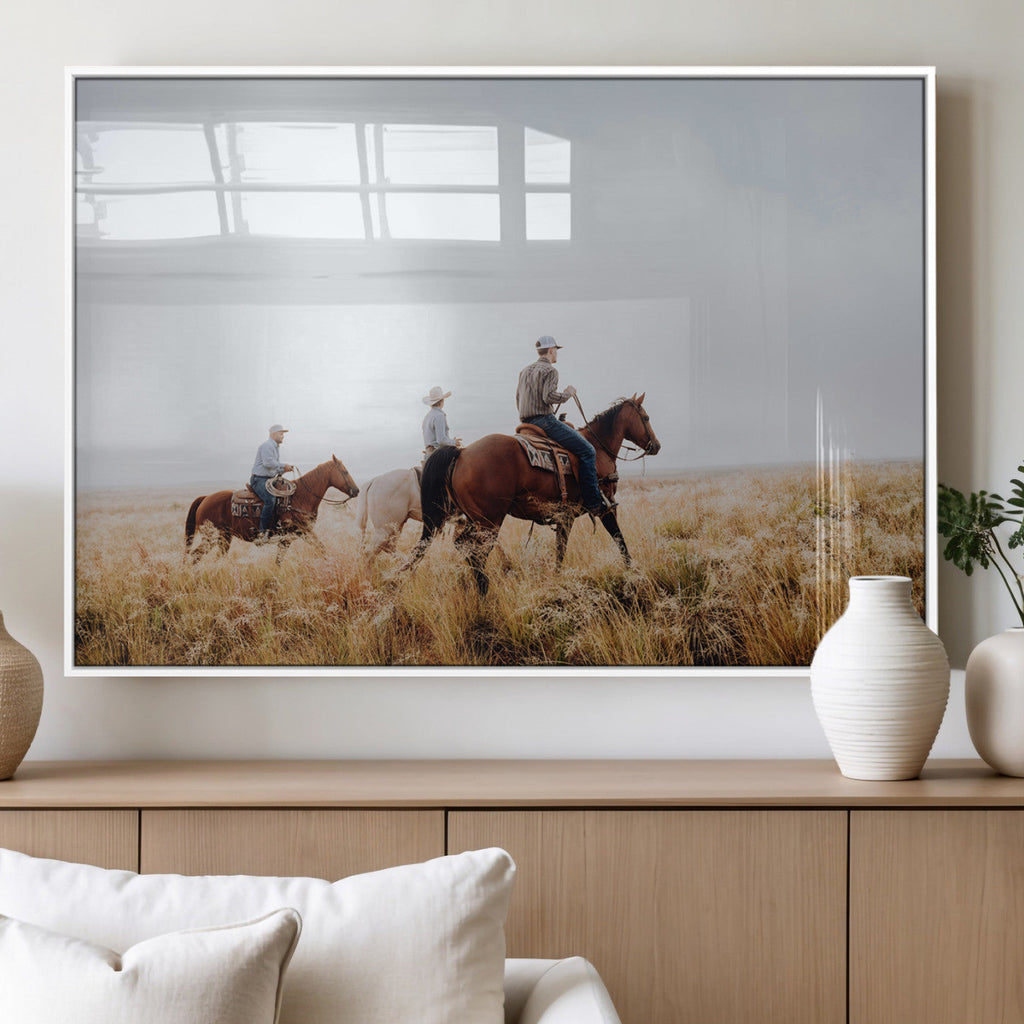 Western Cowboys Wall Art Canvas Print, Framed Horseback Riders on a Rustic Prairie