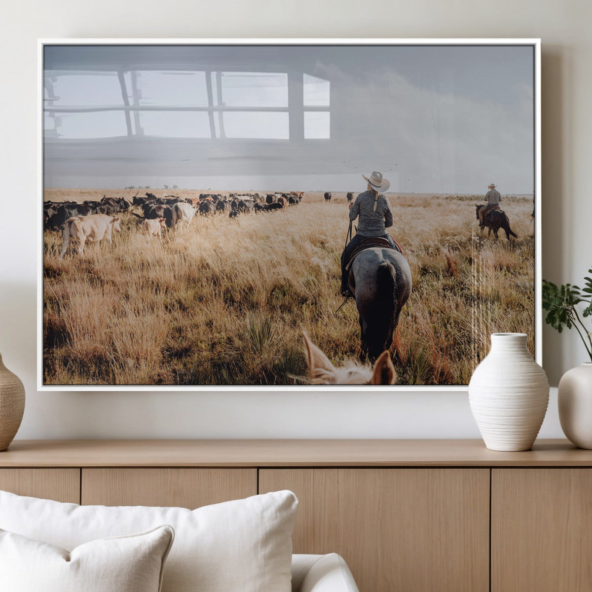 Western Wall Art Canvas Print, Framed Cowboy Cattle Drive Scene