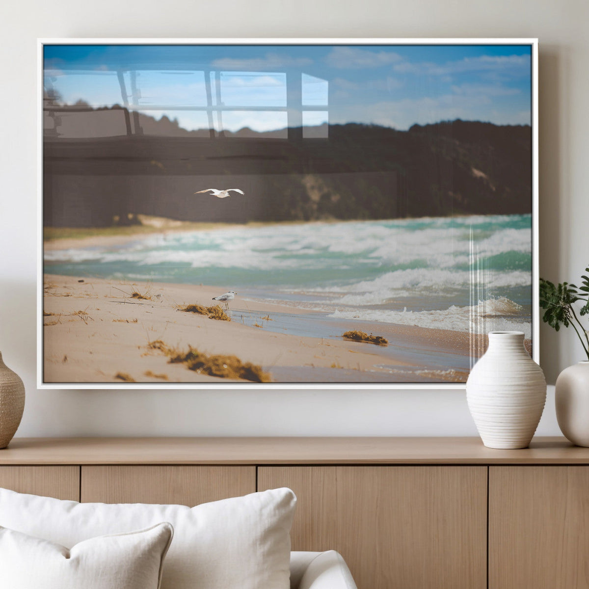 Tranquil Beach Wall Art Canvas Print, Framed Blue Ocean Waves on a Sandy Shore
