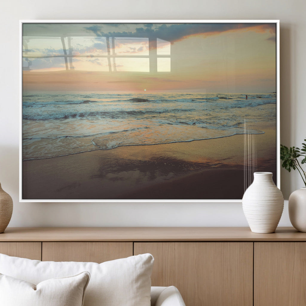Sunset Seascape Wall Art Canvas Print, Framed Pastel Ocean View with Tranquil Shoreline