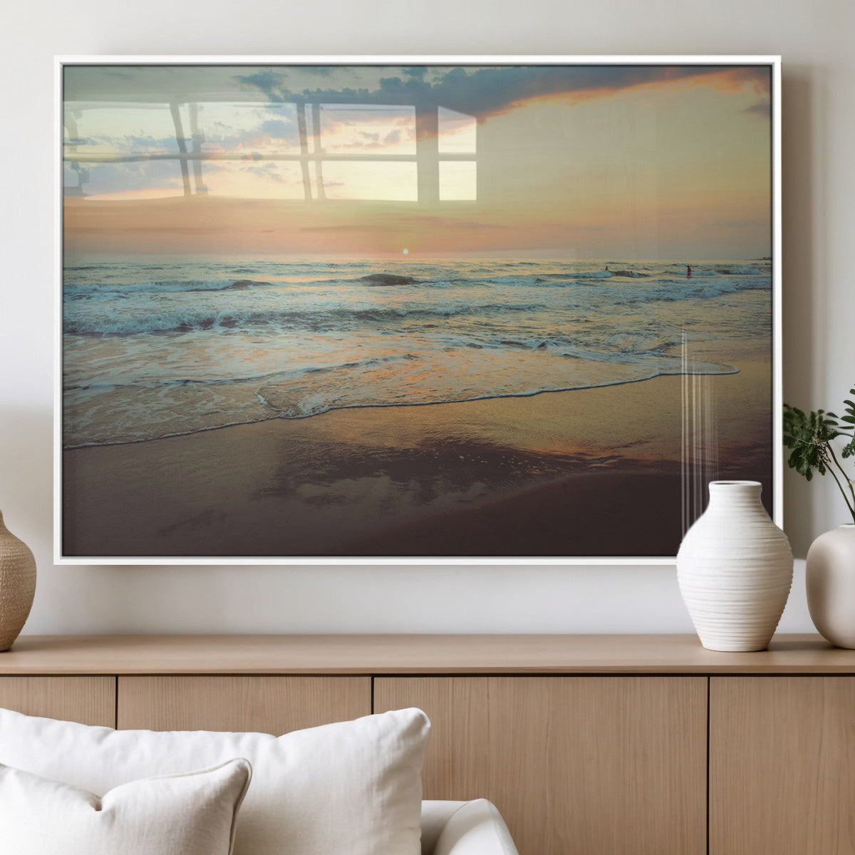 Sunset Seascape Wall Art Canvas Print, Framed Pastel Ocean View with Tranquil Shoreline