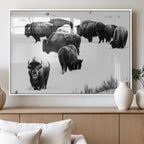 Buffalo Herd Wall Art Canvas Print, Framed Black and White Snowy Landscape