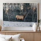 Wild Elk Wall Art Canvas Print, Framed Winter Wildlife in a Snowy Forest