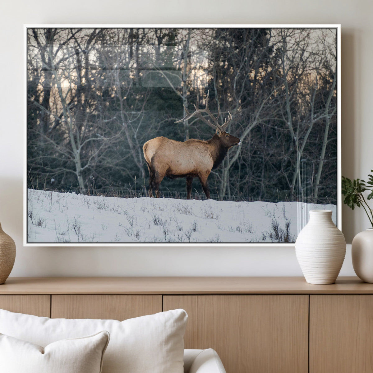 Wild Elk Wall Art Canvas Print, Framed Winter Wildlife in a Snowy Forest