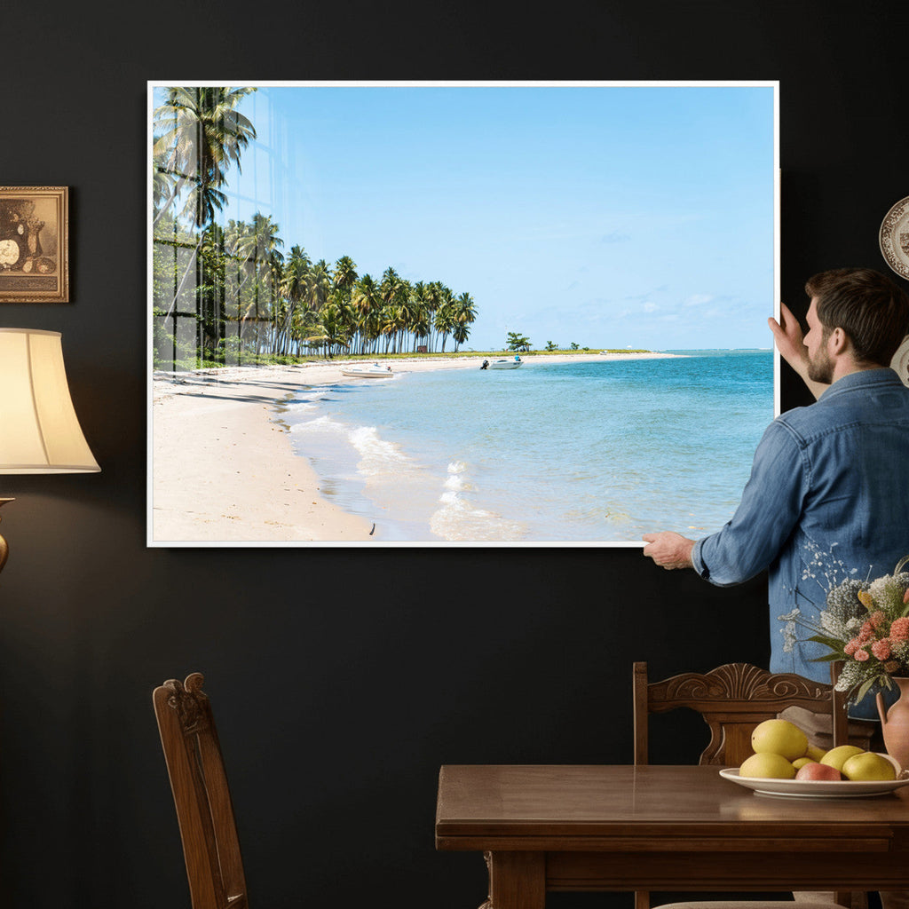Palm Tree Coast Wall Art Canvas Print, Framed Island Getaway with Crystal Blue Water
