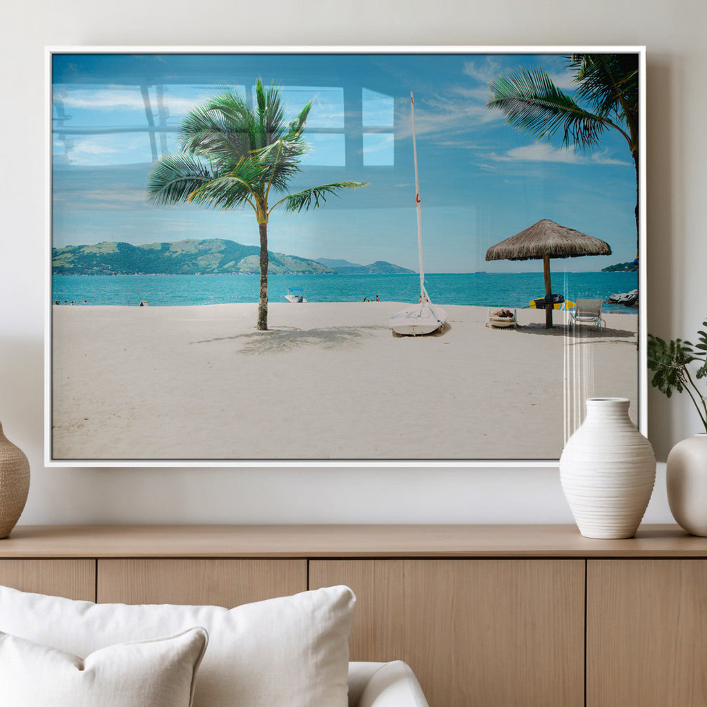 Tropical Beach Wall Art Canvas Print, Framed Palm Tree Ocean View with Calm Waves