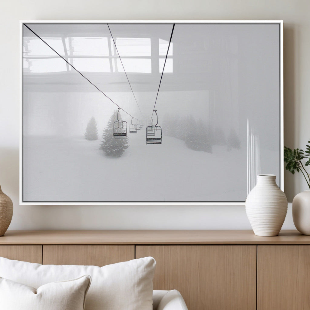Ski Lift Wall Art Canvas Print, Framed Snowy Landscape Art, Alpine Adventure Nordic Minimalist Decor