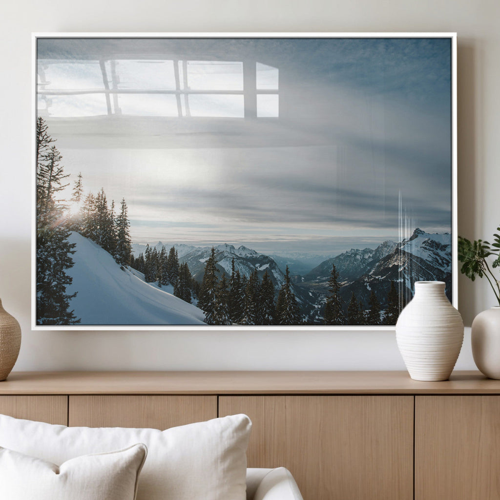 Snowy Mountains Wall Art Canvas Print, Framed Alpine Landscape Frosty Peaks Artwork