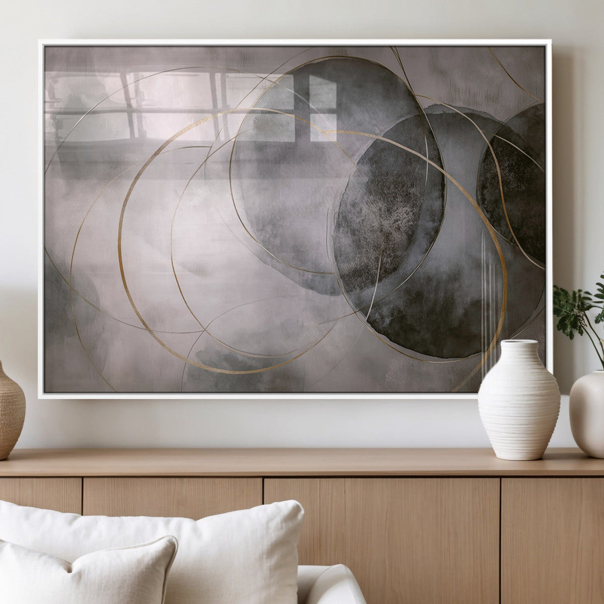Abstract Grey Gold Wall Art | Modern Geometric Canvas