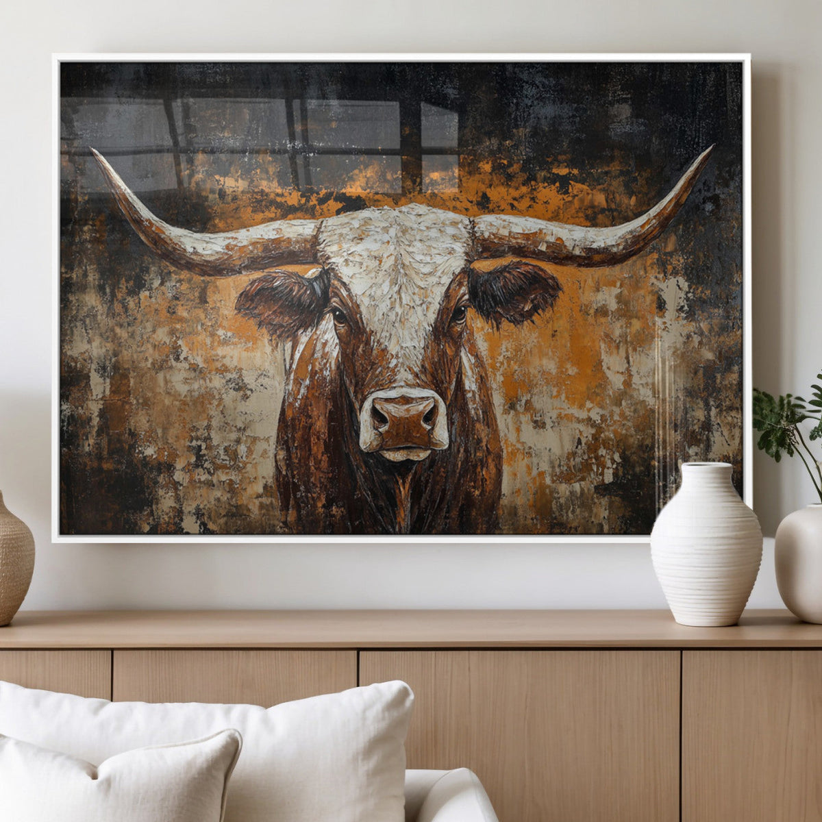 Abstract Longhorn Bull Wall Art Canvas Print, Vintage Western Texas Steer Artwork
