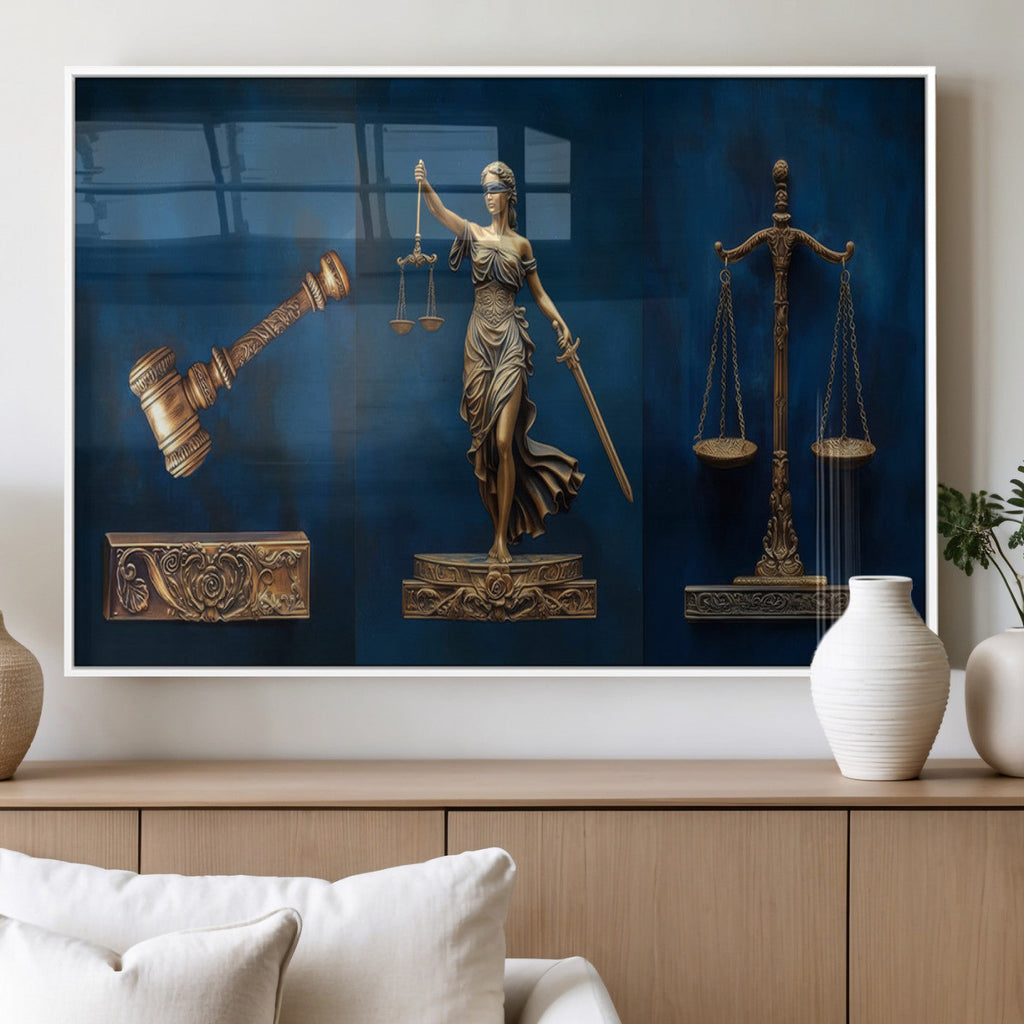 Lady Justice Wall Art Canvas Print, Elegant Gold Legal Symbols on Blue, Law Office Decor