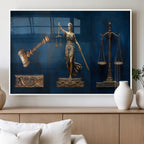 Lady Justice Wall Art Canvas Print, Elegant Gold Legal Symbols on Blue, Law Office Decor