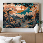 Japanese Landscape Wall Art Canvas Print, Mount Fuji with Flowing River and Autumn Trees