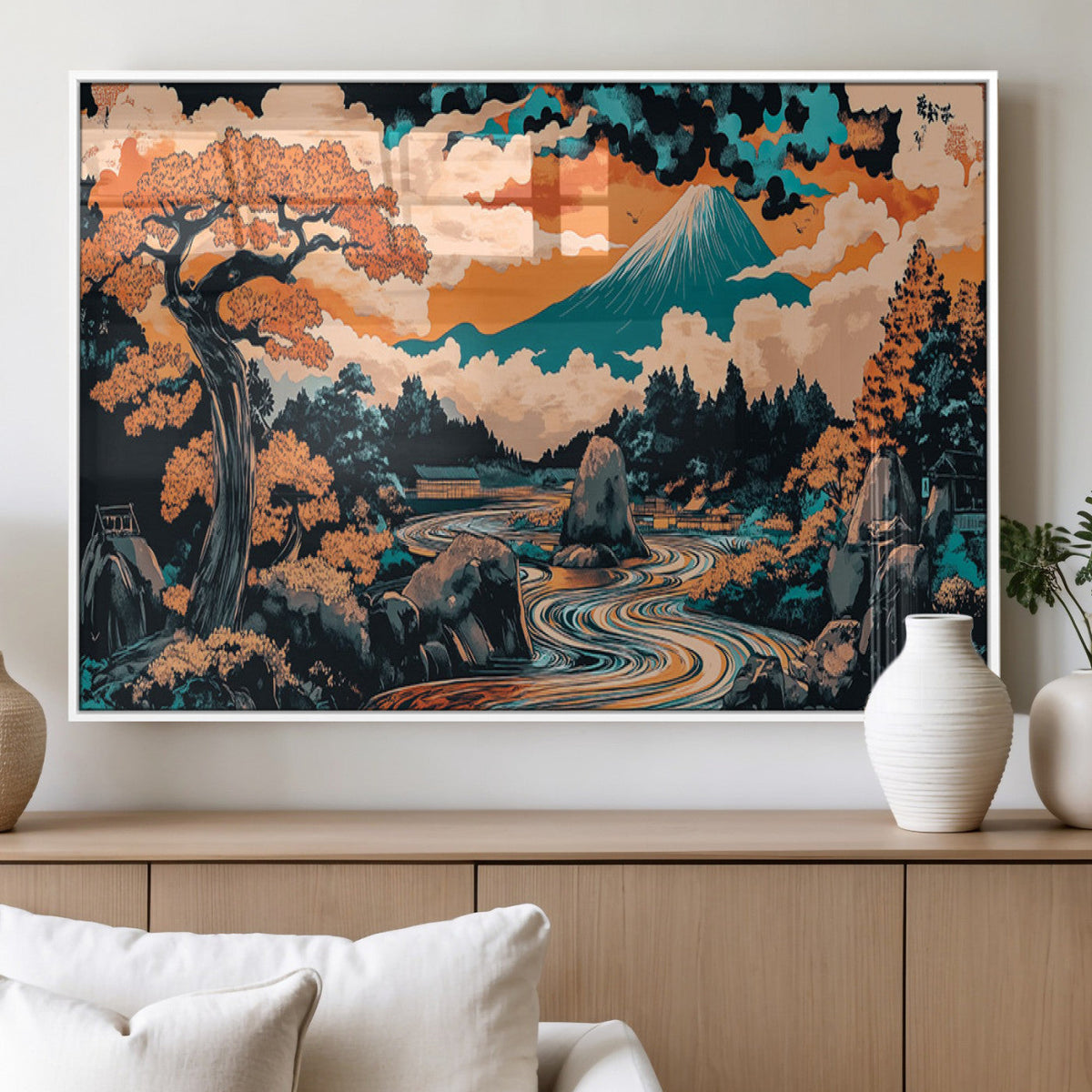 Japanese Landscape Wall Art Canvas Print, Mount Fuji with Flowing River and Autumn Trees