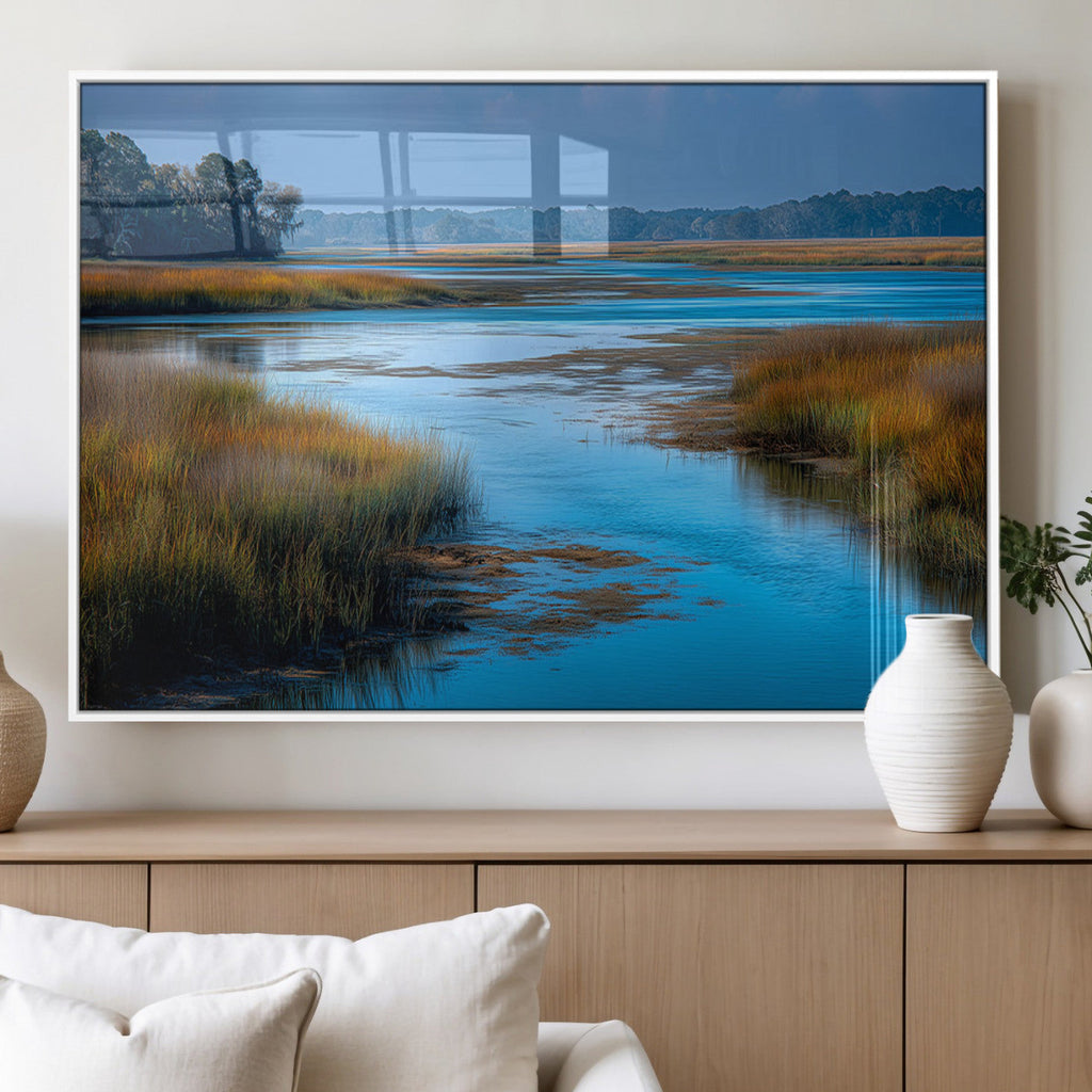 Tranquil Marshland Wall Art Canvas Print, Blue Water Reflecting Sky and Golden Grasses