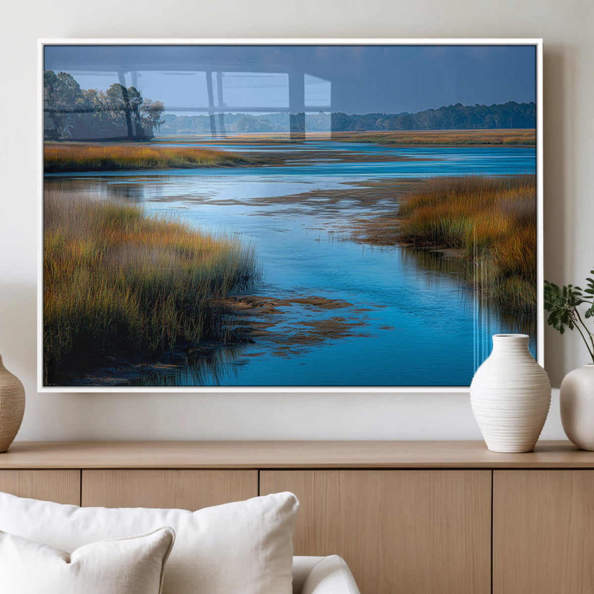 Tranquil Marshland Wall Art Canvas Print, Blue Water Reflecting Sky and Golden Grasses