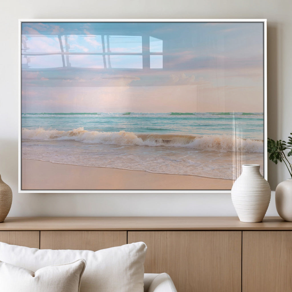 Serene Ocean Waves Wall Art Canvas Print, Pastel Sky Over a Soft Sand Beach