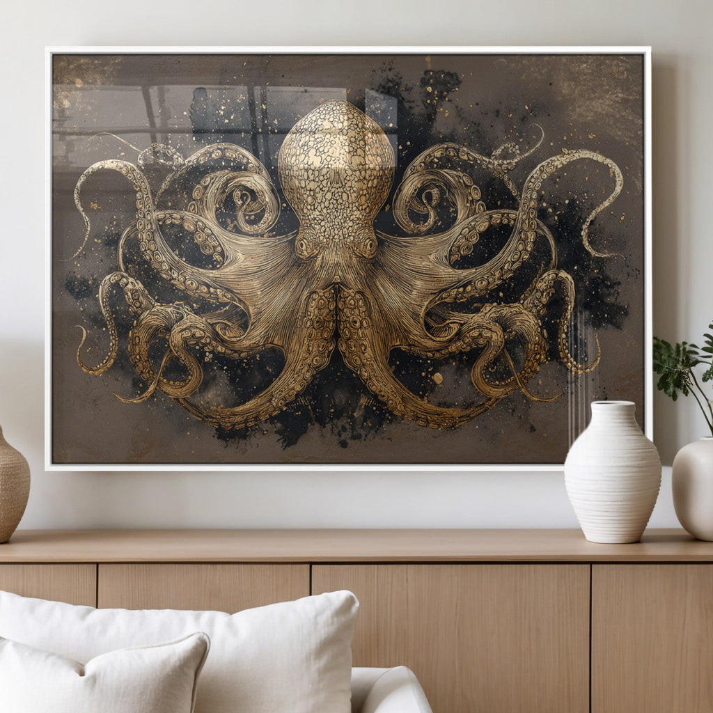 Octopus Wall Art Canvas Print, Black and Gold Detailed Tentacles Nautical Illustration