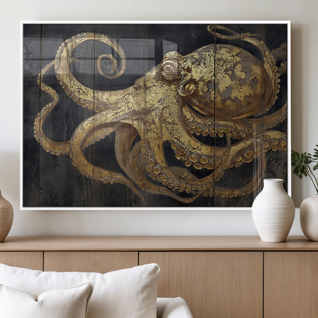 Octopus Wall Art Canvas Print, Gold Detail Octopus on Wooden Plank Background