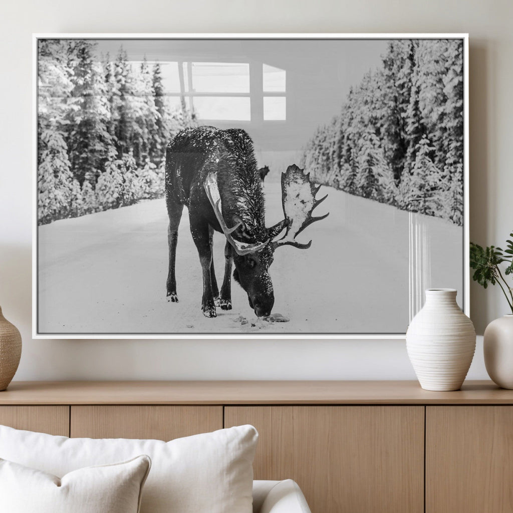 Moose Wall Art Canvas Print, Winter Moose with Antlers in a Snowy Forest