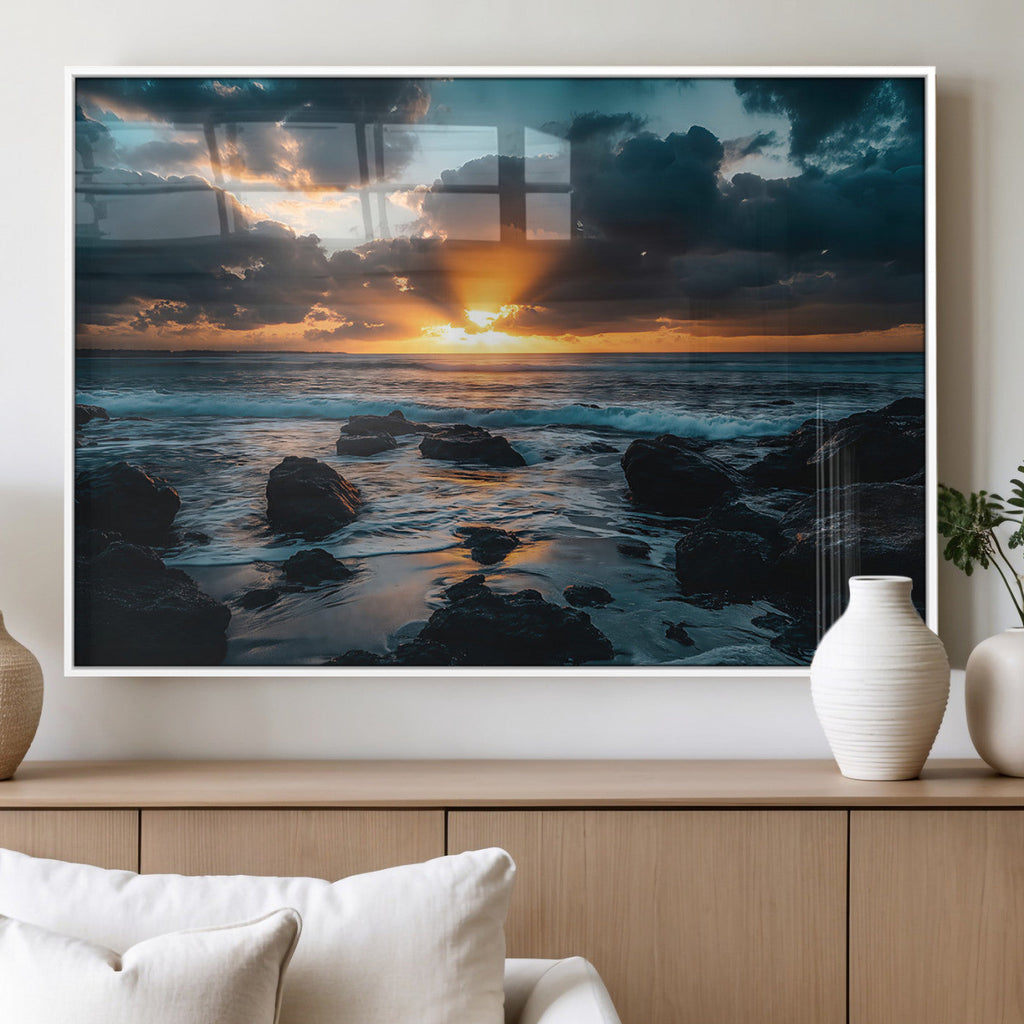 Ocean Sunset Wall Art Canvas Print, Rocky Shore Waves and Golden Sun Rays