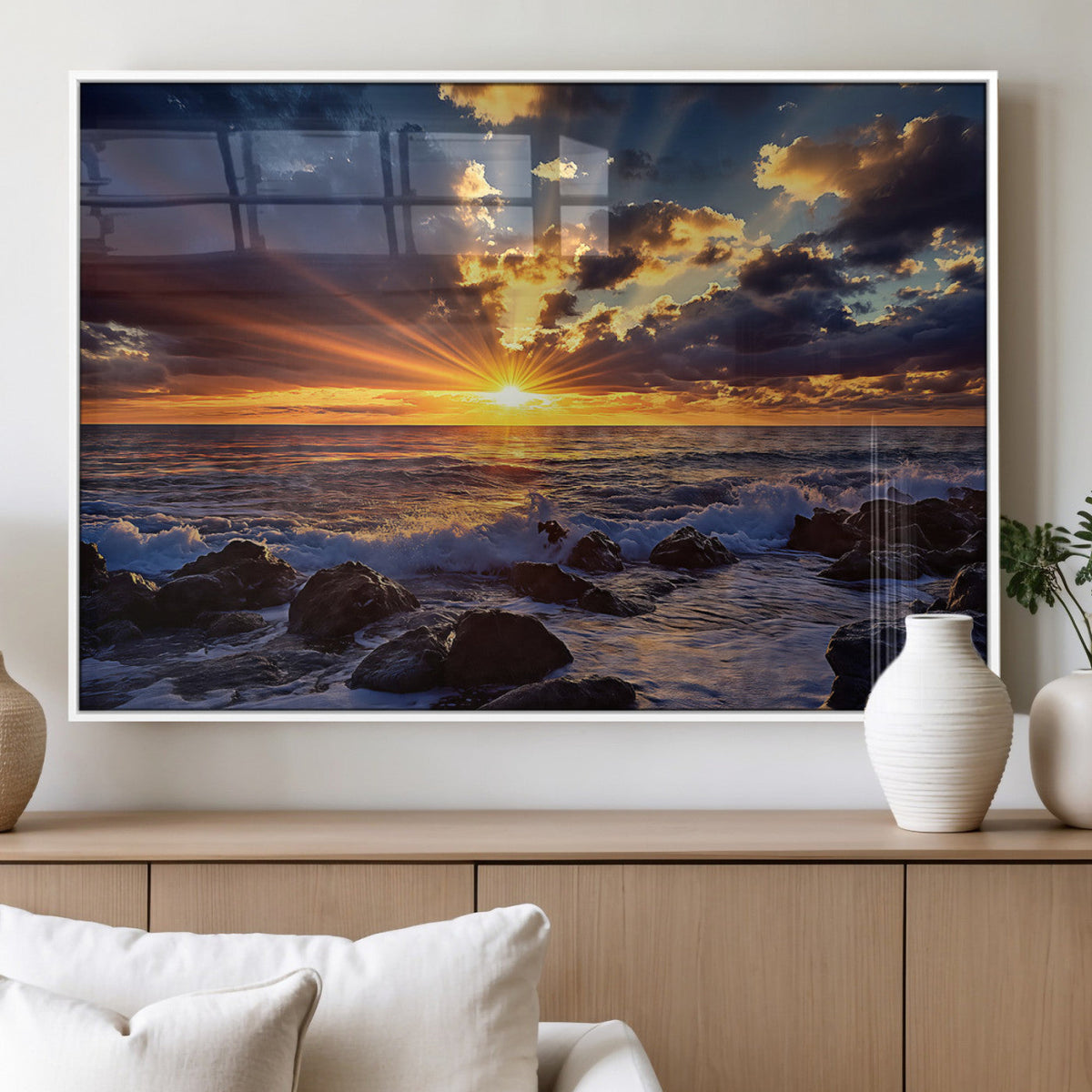 Sunset Ocean Wall Art Canvas Print, Waves on a Rocky Shore Under Dramatic Sky