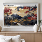 Yayoi Kusama Inspired Japanese Art Canvas Print, Floral Mt. Fuji Modern Asian Wall Decor