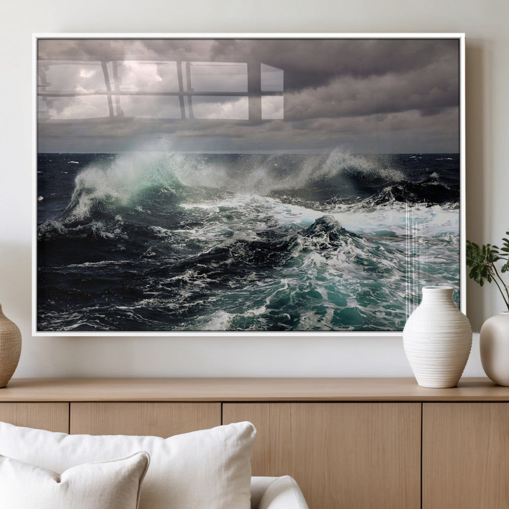 Stormy Ocean Waves Canvas Wall Art, Framed Turbulent Sea Nature Print