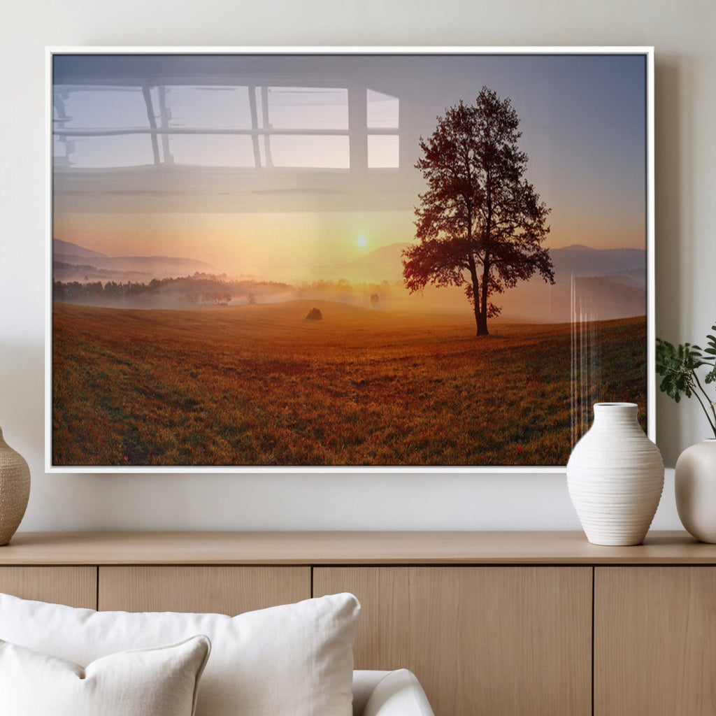 Golden Sunrise Landscape Canvas Wall Art, Framed Misty Field Nature Print