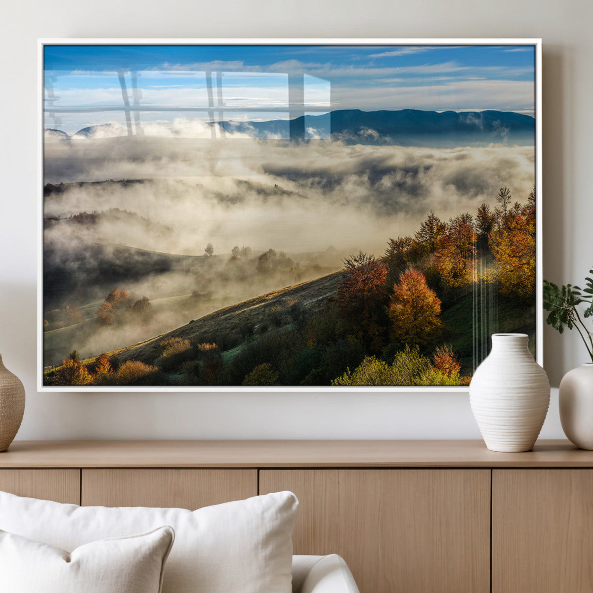 Misty Autumn Hills Wall Art Canvas Print, Foggy Forest Landscape with Fall Foliage