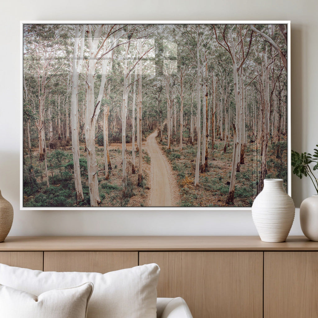 Forest Dirt Road Wall Art Canvas Print, Scenic Woodland Pathway with Tall Trees