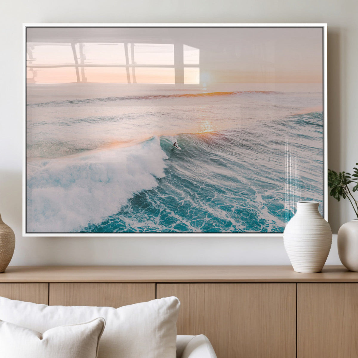 Sunset Surfing Wall Art Canvas Print, Ocean Wave Surfer with Golden Sky