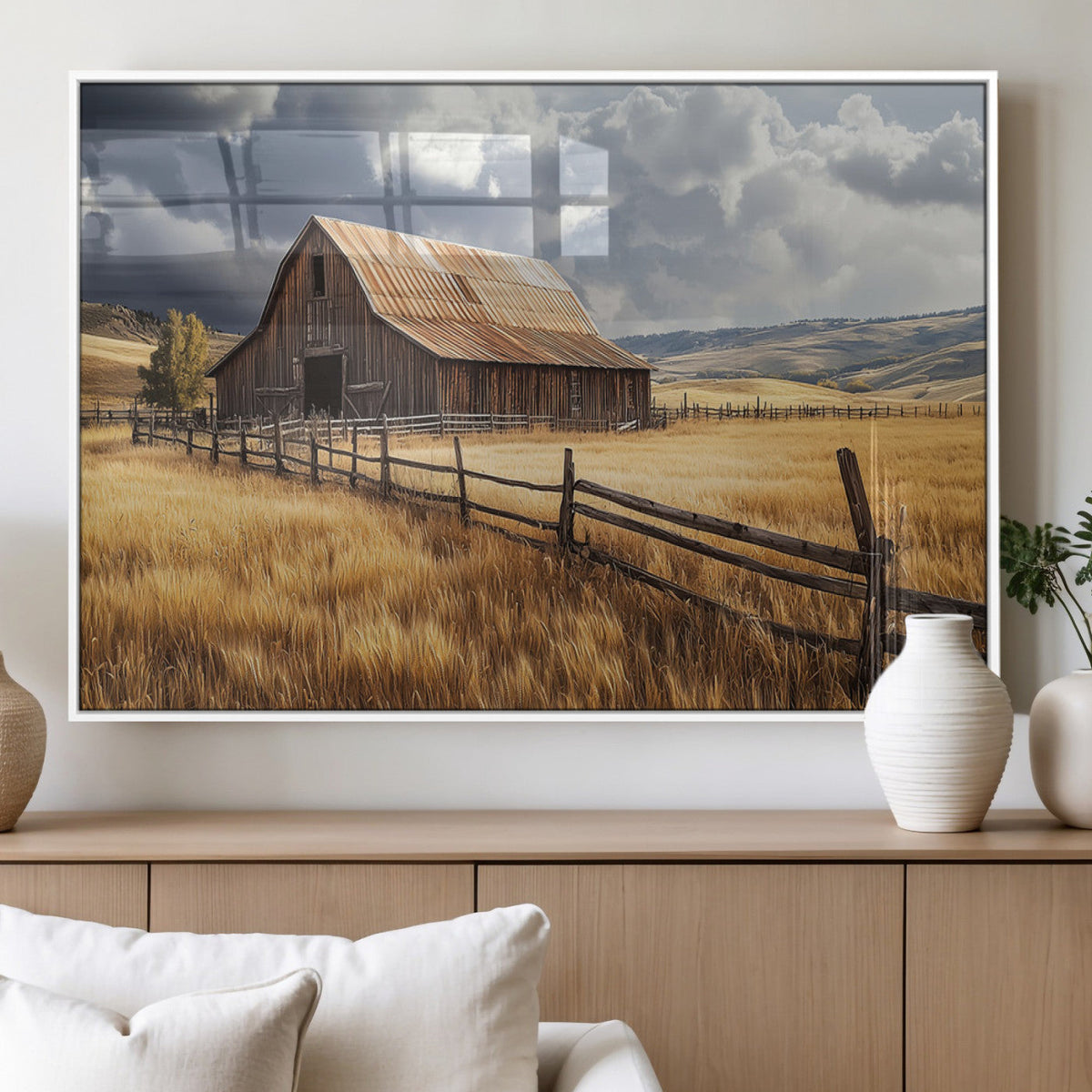 Golden Wheat Field Barn Canvas Print, Rustic Farm Landscape Under Dramatic Sky